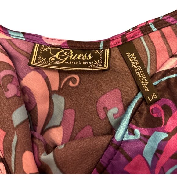 Guess Womens One-Shoulder Top Large Pink Purple Brown Abstract Print Y2K - Picture 2 of 4